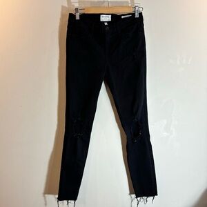 FRAME Sz 28 Le Skinny De Jeanne Crop Busted Knee Raw Hem  Jeans Black
